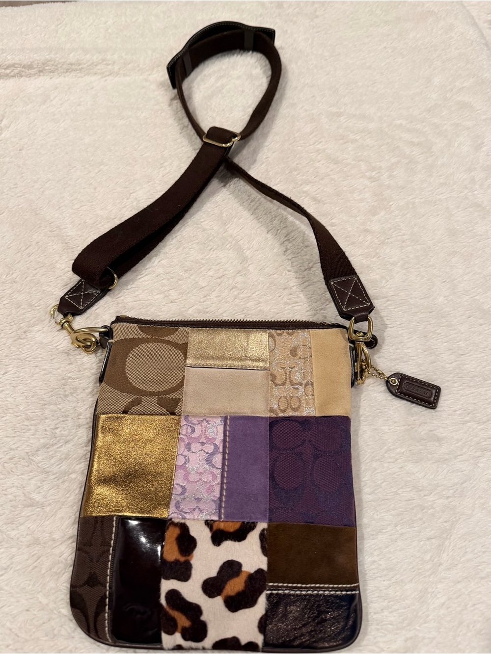 Coach Patchwork Multicolor Leather Canvas Suede Zipper Closure Crossbody Bag